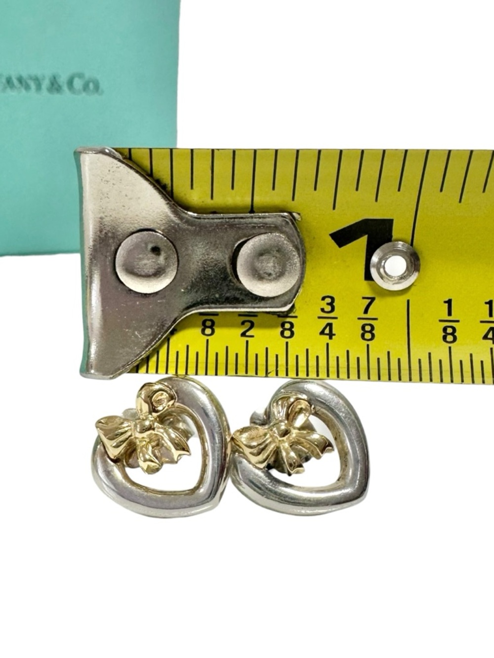 Tiffany & Co. Engraved 925 Silver Heart & 18K Gold Bow Stud Earrings Set w.Box - Picture 10 of 13